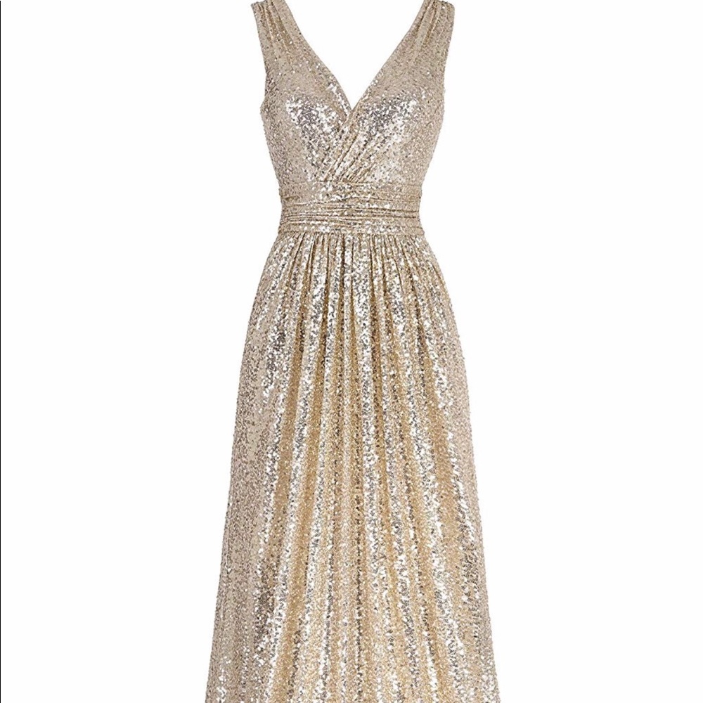 Kate Kasin Gold Sequin Floor Length Dress